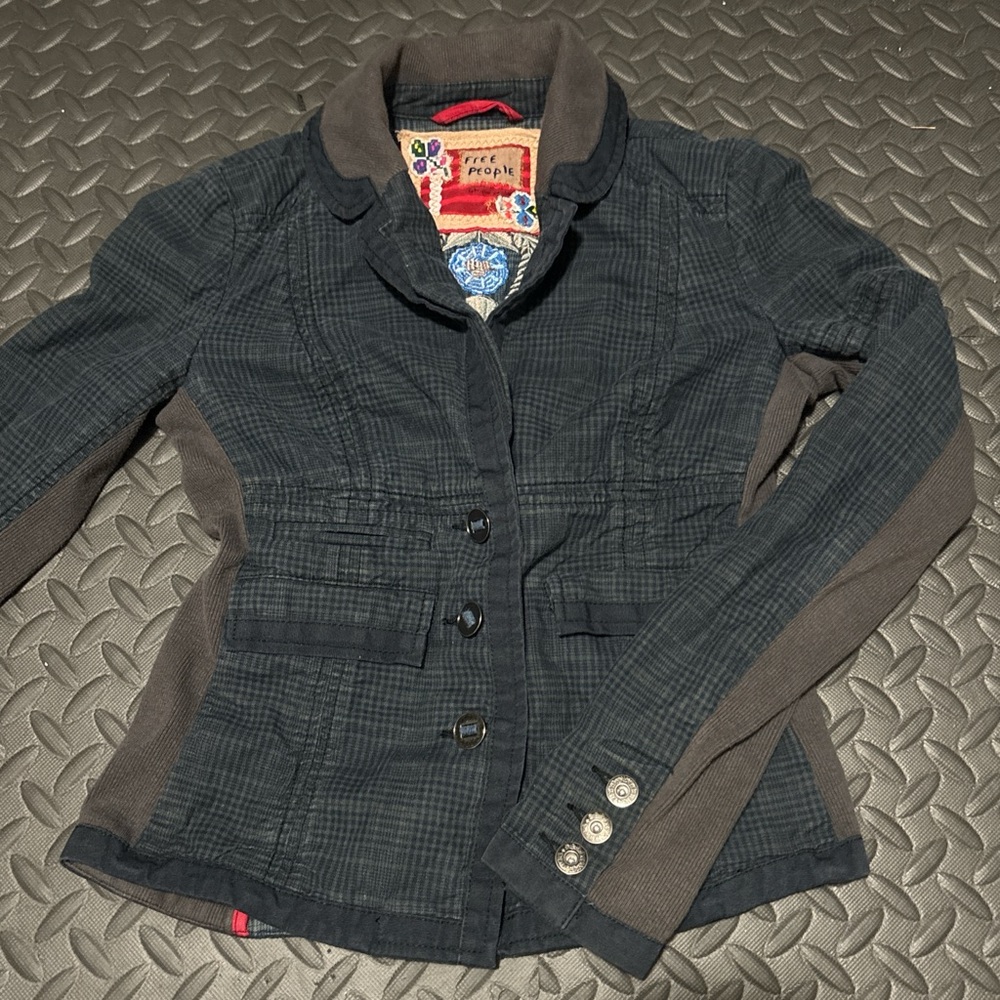 Free People Vintage Blue and Gray Plaid Blazer